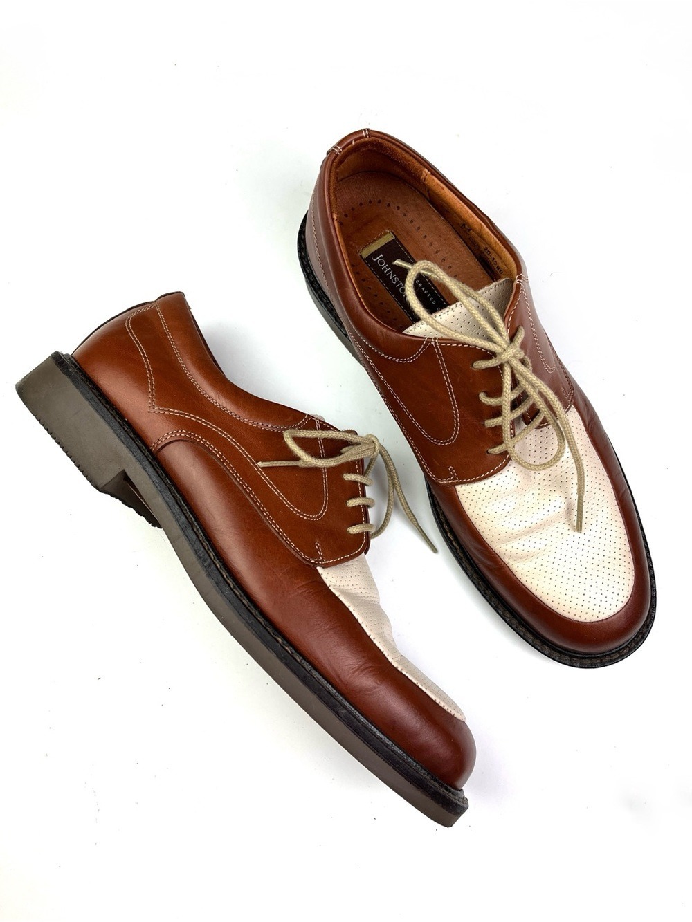 Johnston & Murphy Spectator Two-Tone Brown Cream Leather Lace Up Derby Shoes 10